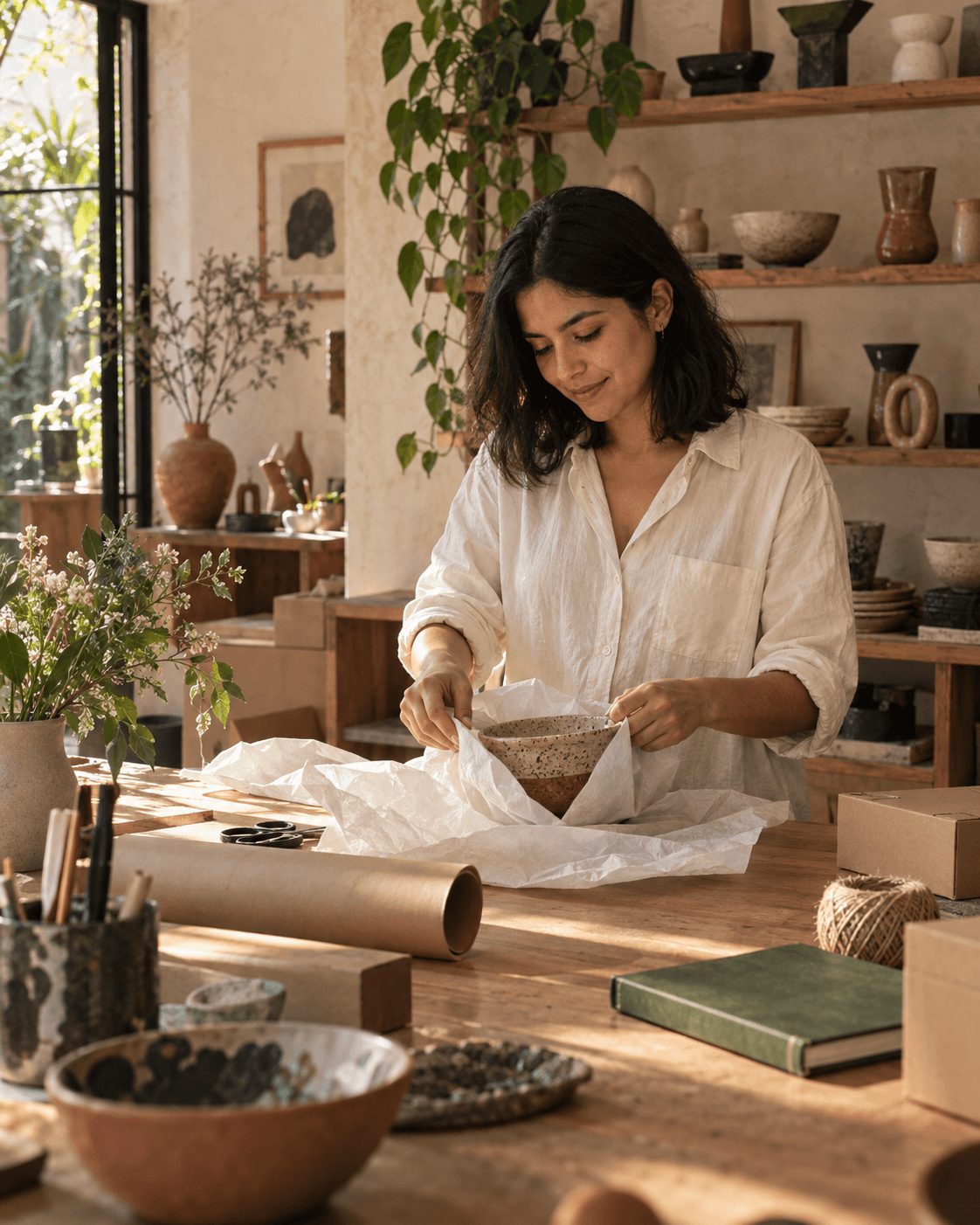 Una emprendedora prepara un pedido en su tienda de cerámica.